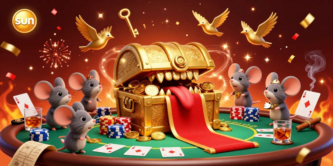 Experience thrilling gameplay at sun with a vibrant casino scene featuring golden treasures and poker elements.