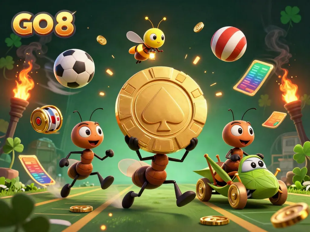 Achieve winning strategies with GO 8 in a vibrant casino heist scene featuring ants and sports elements.