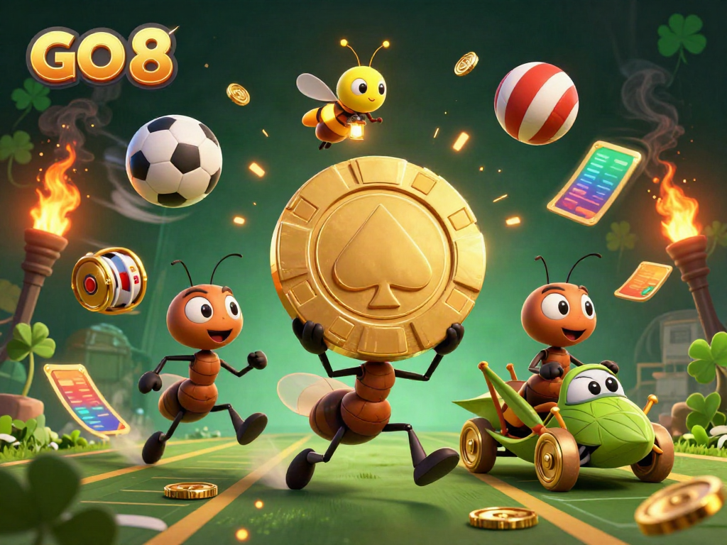 Achieve winning strategies with GO 8 in a vibrant casino heist scene featuring ants and sports elements.