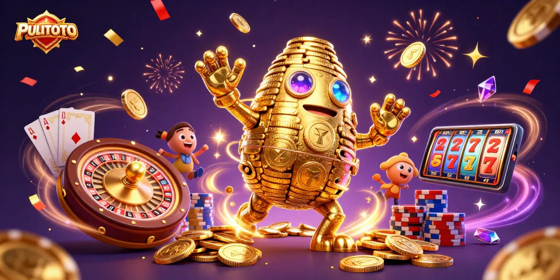 PULITOTO showcases a vibrant casino scene featuring a golden golem, cascading coins, and celebration effects.
