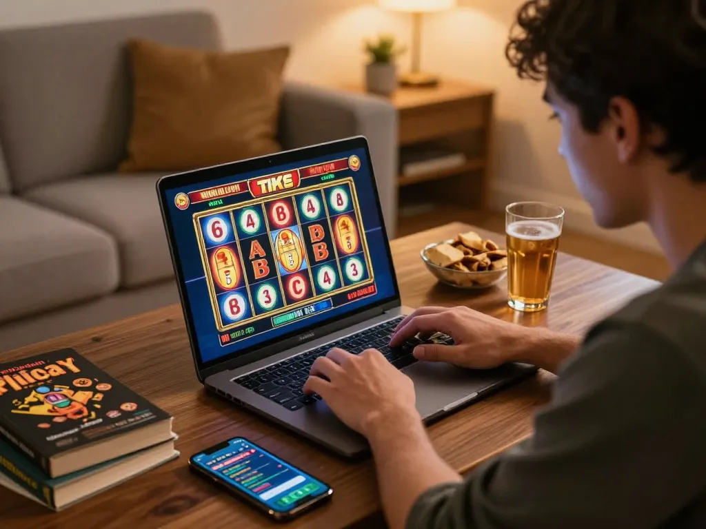 PULSASLOT SLOT ONLINE TERPERCAYA: Enthusiast enjoying an online slots game in a cozy home setting with snacks.