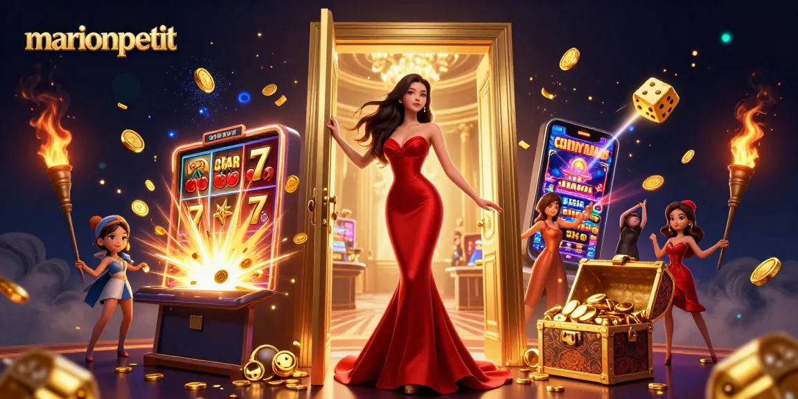 Play exciting games at marionpetit, featuring vibrant slot machines and a stunning casino backdrop.