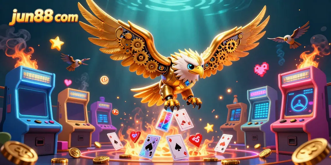 Engage with games at jun88 com while witnessing a spectacular diving golden eagle surrounded by colorful arcade elements.