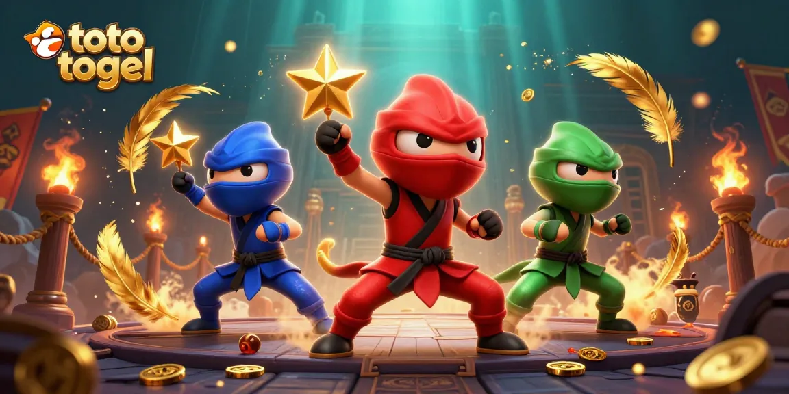 Gambarlah ninja chameleon bertarung menggunakan toto togel di arena, dikelilingi koin emas.