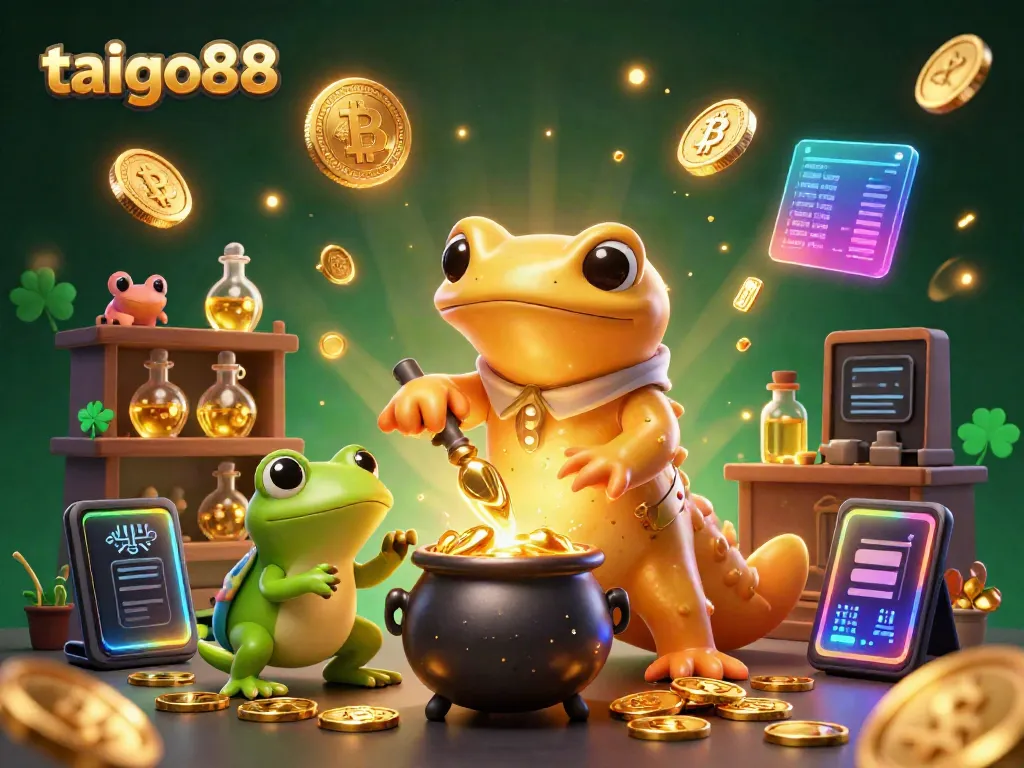 Experience the excitement of taigo88 with a vibrant illustration featuring casino elements and enchanting alchemical characters.