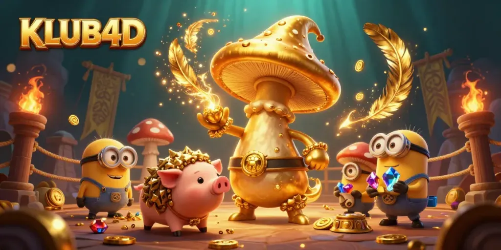 KLUB4D menyajikan ilustrasi kasino 3D dengan penyihir dan harta karun yang bersinar.