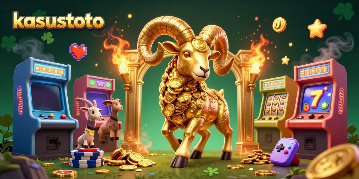 Permainan slot di kasustoto ditampilkan dengan karakter domba emas besar dan mesin arcade berwarna-warni.