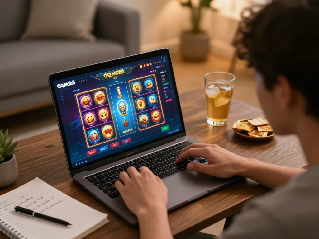 Engaging online gaming with qqmobil shown on a laptop in a cozy home setting, highlighting strategy and convenience.