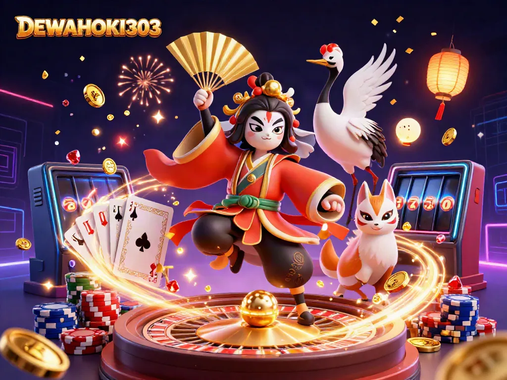 DEWAHOKI303 menampilkan kasino virtual dengan pertarungan dramatis antara karakter bertema Jepang dan elemen permainan yang menarik.