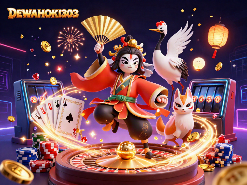 DEWAHOKI303 menampilkan kasino virtual dengan pertarungan dramatis antara karakter bertema Jepang dan elemen permainan yang menarik.
