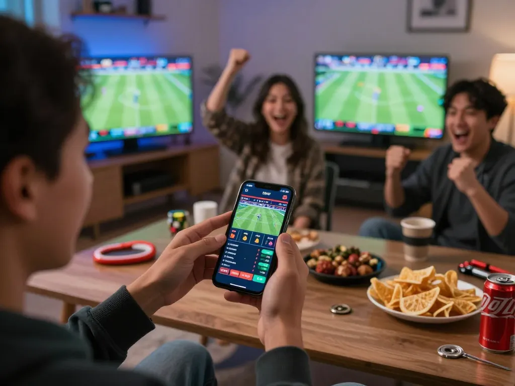 23WIN user excitedly placing live bets on sports through mobile app in vibrant home setting.