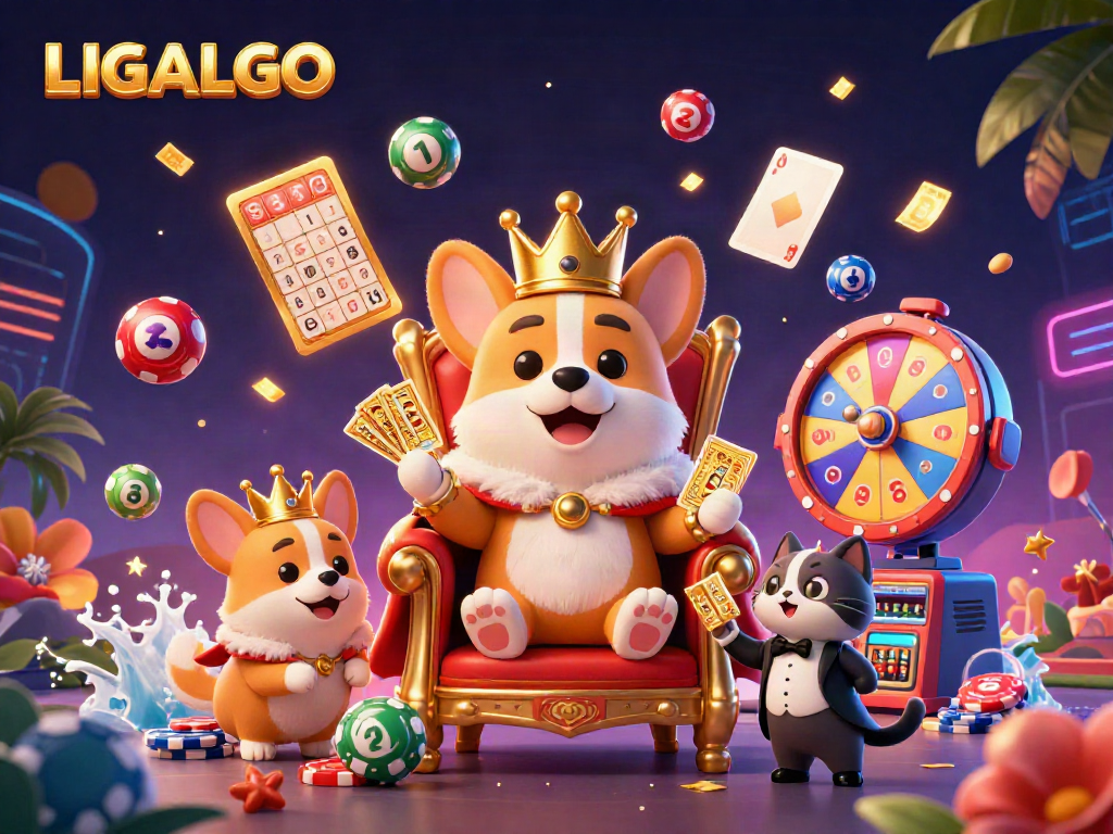 LIGALGO showcases a vibrant 3D scene with a royal corgi and casino elements buzzing with gambling excitement.