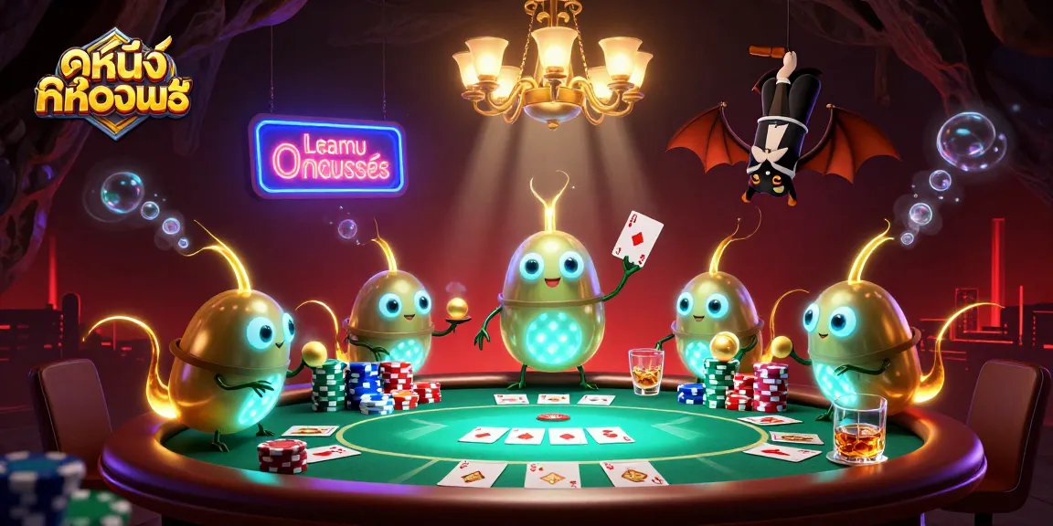 Experience exciting ดูหนังออนไลน์ฟรี with vibrant glowworms illuminating a dynamic casino scene featuring poker action.