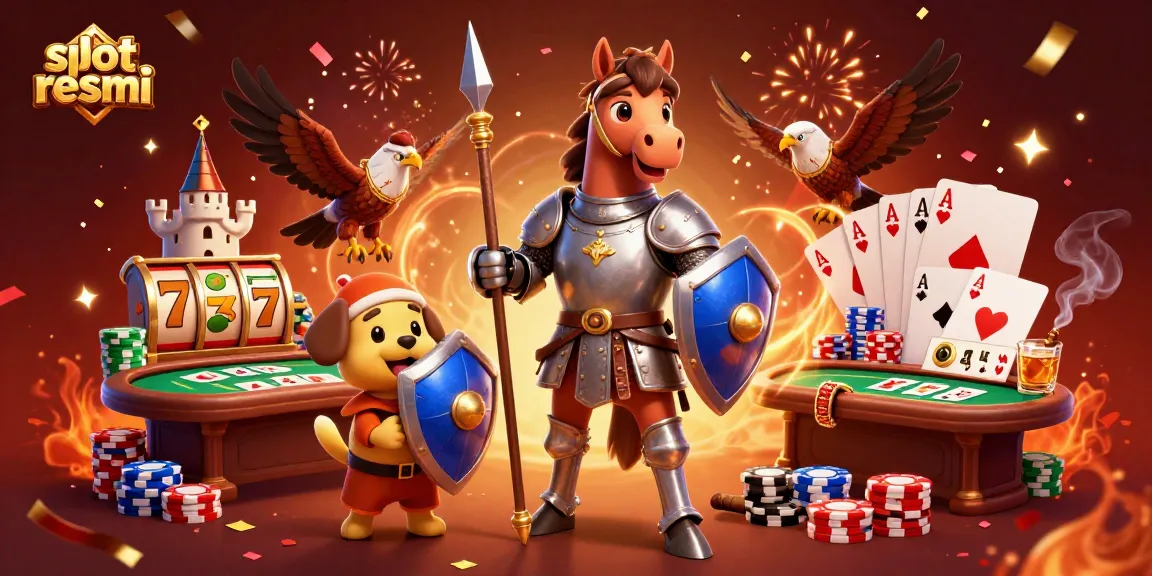 Slot resmi menampilkan ilustrasi 3D dengan kesatria berkuda, anak anjing, dan falcon dalam suasana perayaan kasino.