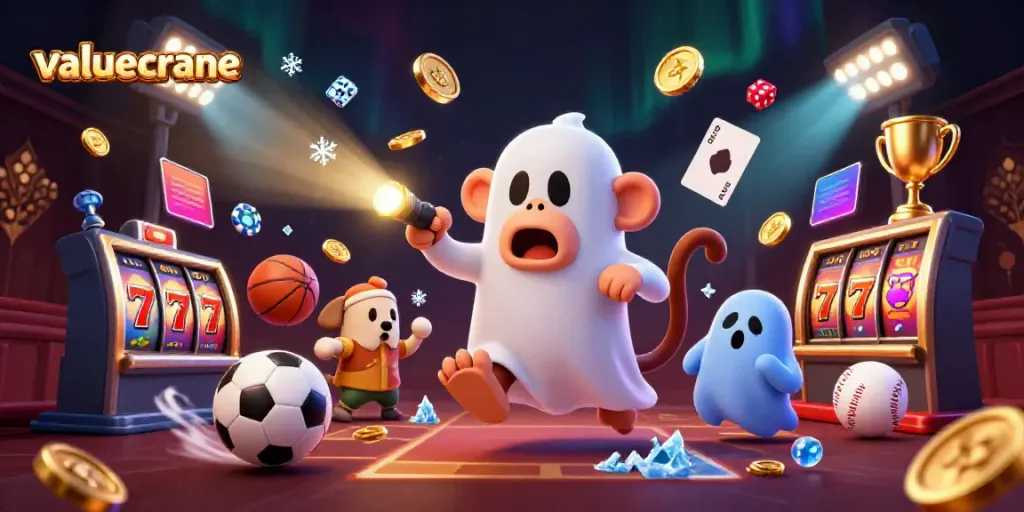 Permainan yang menarik di kasino dalam ilustrasi 3D valuecrane dengan hantu dan koin emas.