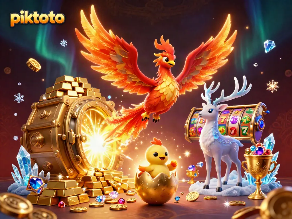 Experience the excitement of piktoto with a thrilling jackpot scene featuring vibrant slot reels, golden treasures, and magical creatures.