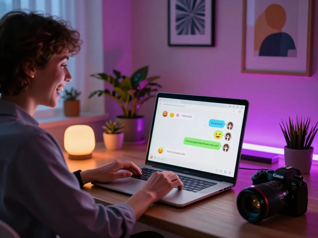 Engaging NSFW AI chat with user in cozy room; playful conversation atmosphere.