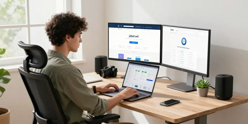 Professional using jebol wd website on laptop in modern home workspace