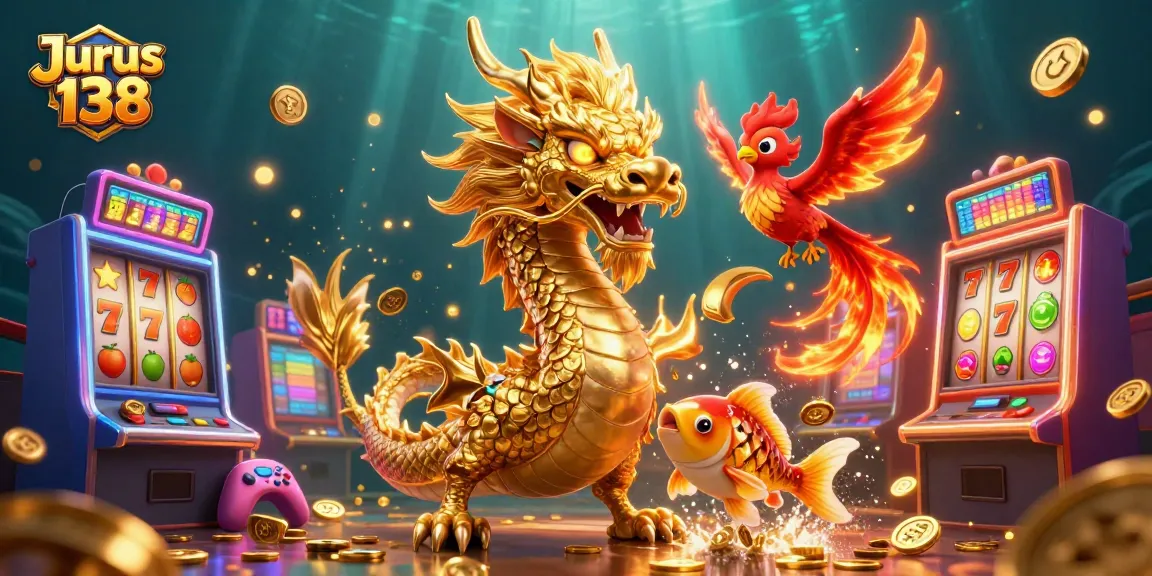 Experience thrilling gameplay with Jurus 138's golden dragon, phoenix, and koi fish amidst vibrant slot machines.