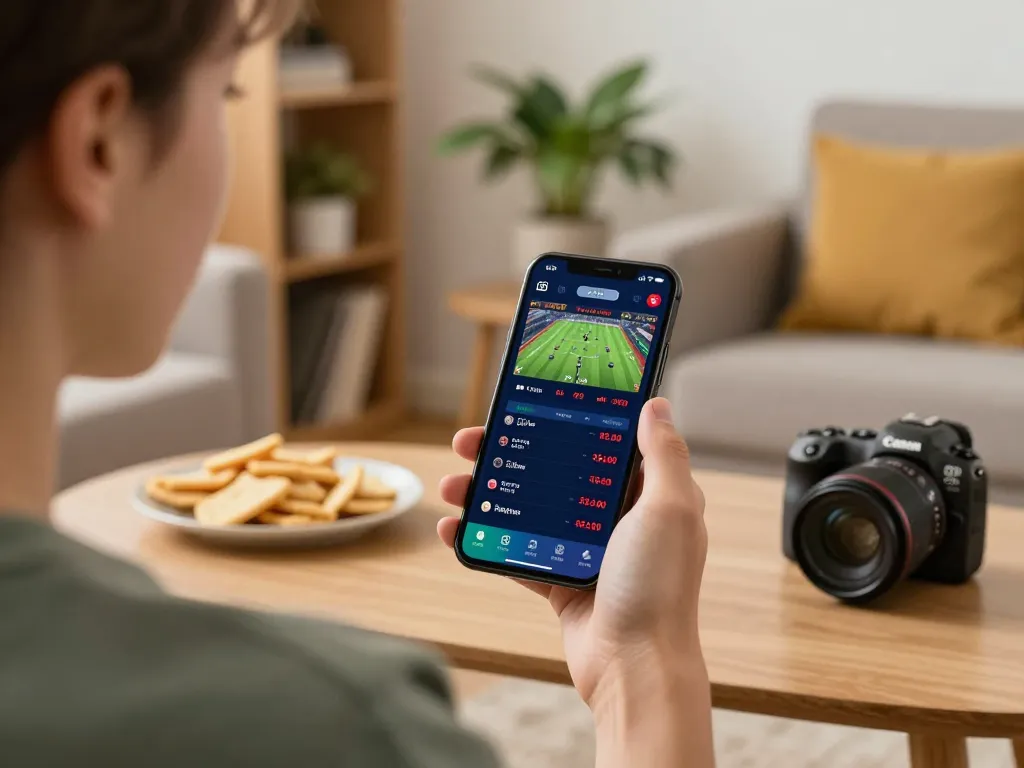 Engaged user exploring SIS4D's sports betting app, showcasing live odds in a cozy home environment.