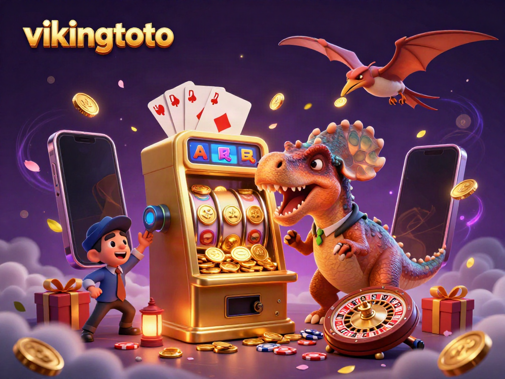 Experience vikingtoto thrills as cartoon dinosaurs celebrate jackpot wins amid gaming chaos.