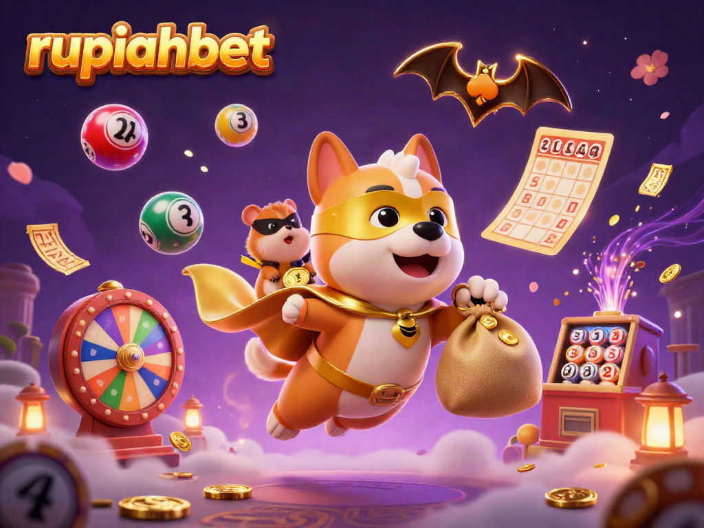 Join the adventure with rupiahbet's superhero dog collecting gold coins in a vibrant casino scene.
