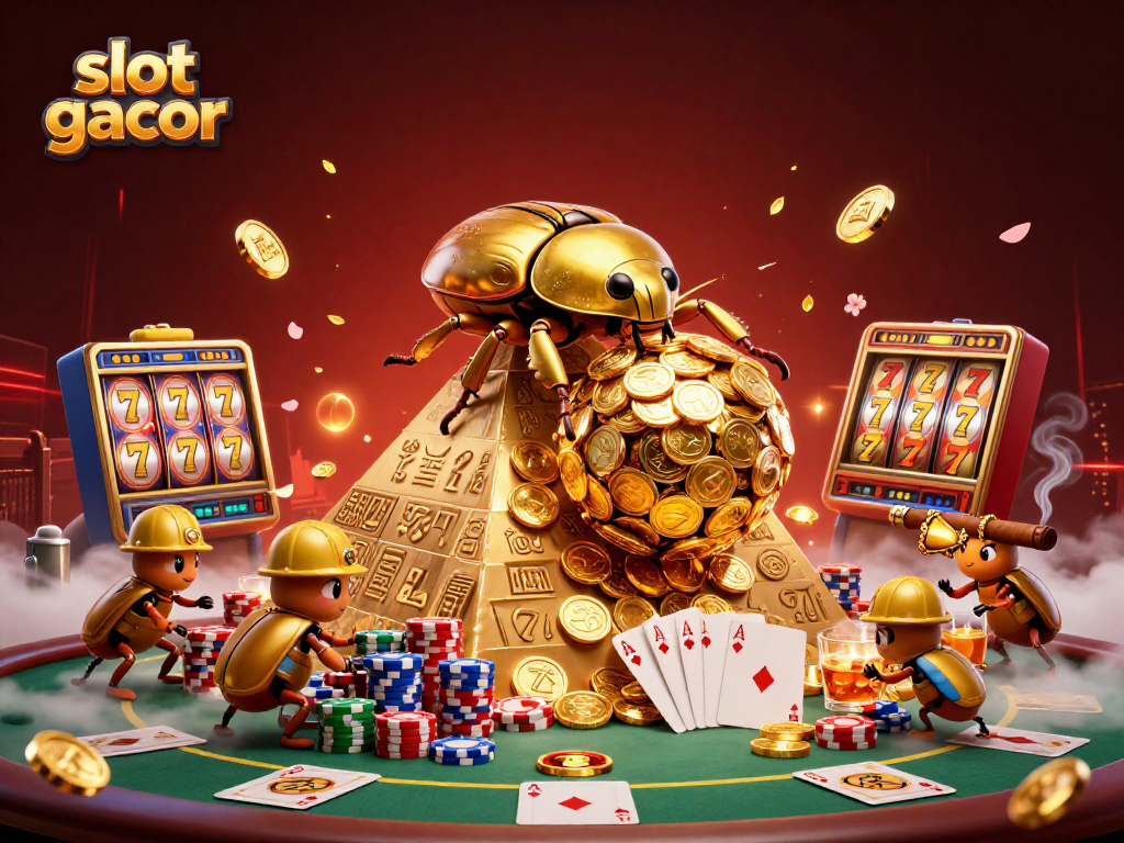 Experience lucky spins with slot gacor, as golden dung beetles roll coins in a vibrant casino.