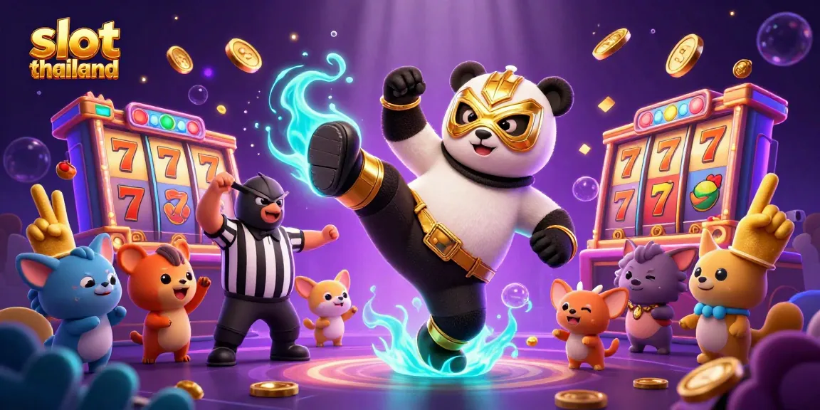 Engage with slot thailand excitement featuring a panda wrestler amidst colorful slot reels and jackpot symbols.