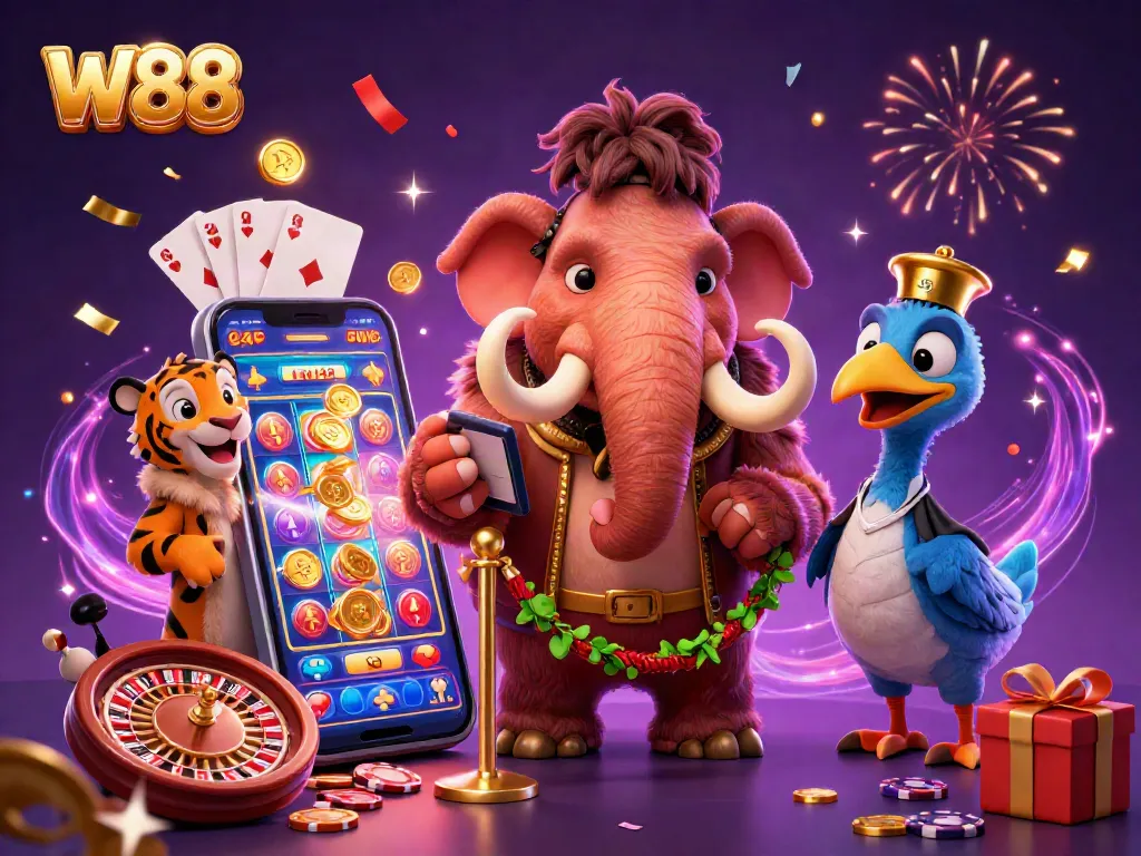 W88 casino showcasing a dynamic scene with a woolly mammoth bouncer, a saber-tooth tiger guest, and gaming elements.