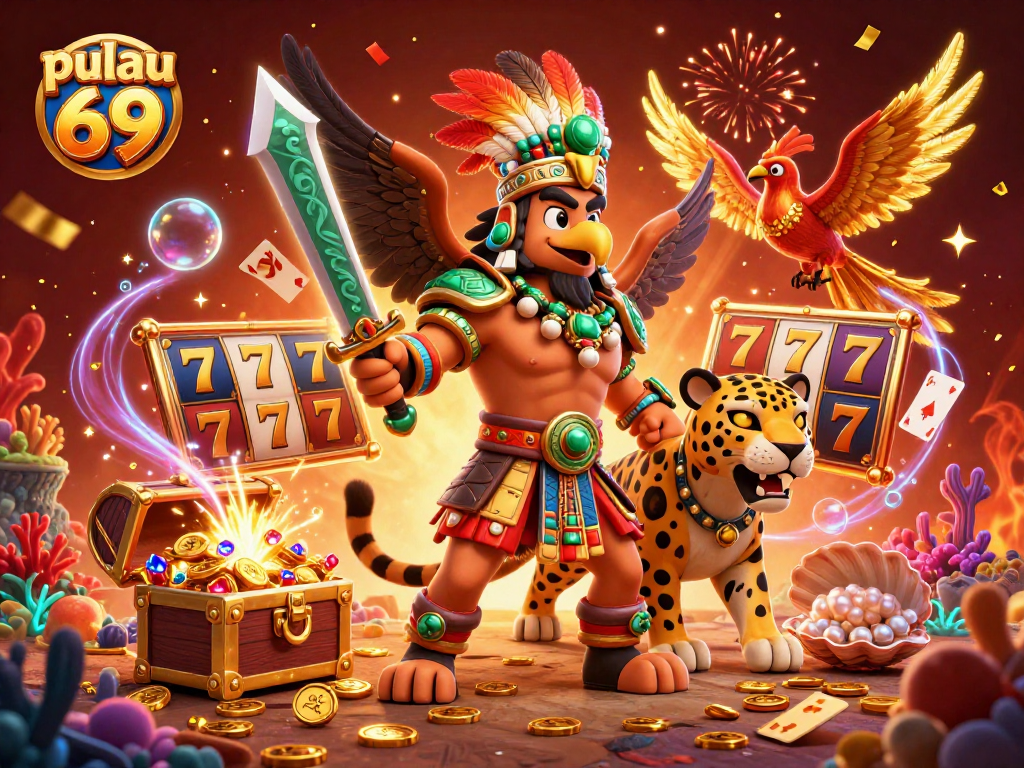 Pulau 69 showcases a vibrant casino scene with Aztec warriors, slot reels, and treasure chests bursting with riches.
