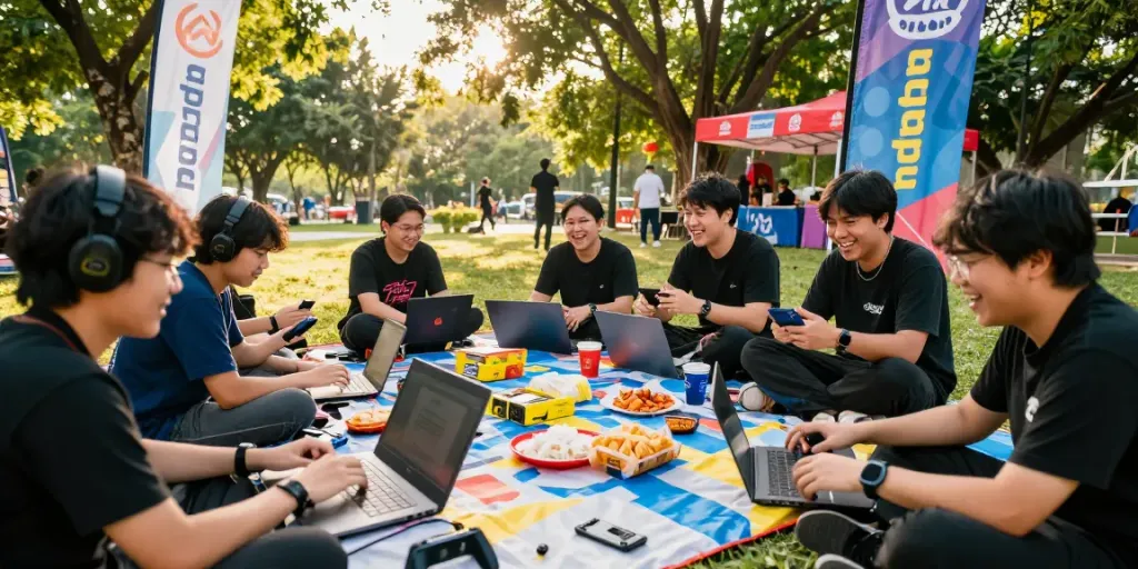 Komunitas gamers bermain natunatoto di taman dengan suasana ceria