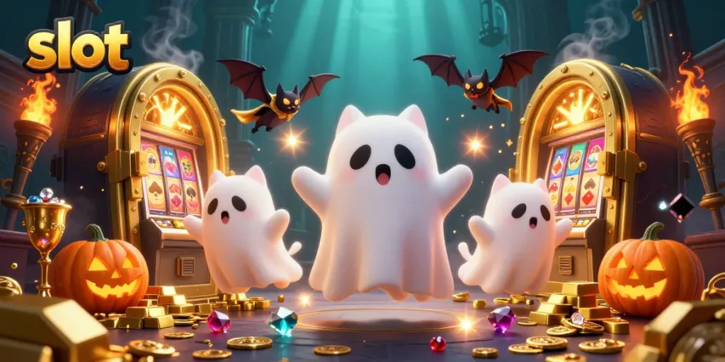 Spin the slot reels with a friendly ghost cat amid sparkling treasures and spooky hues.