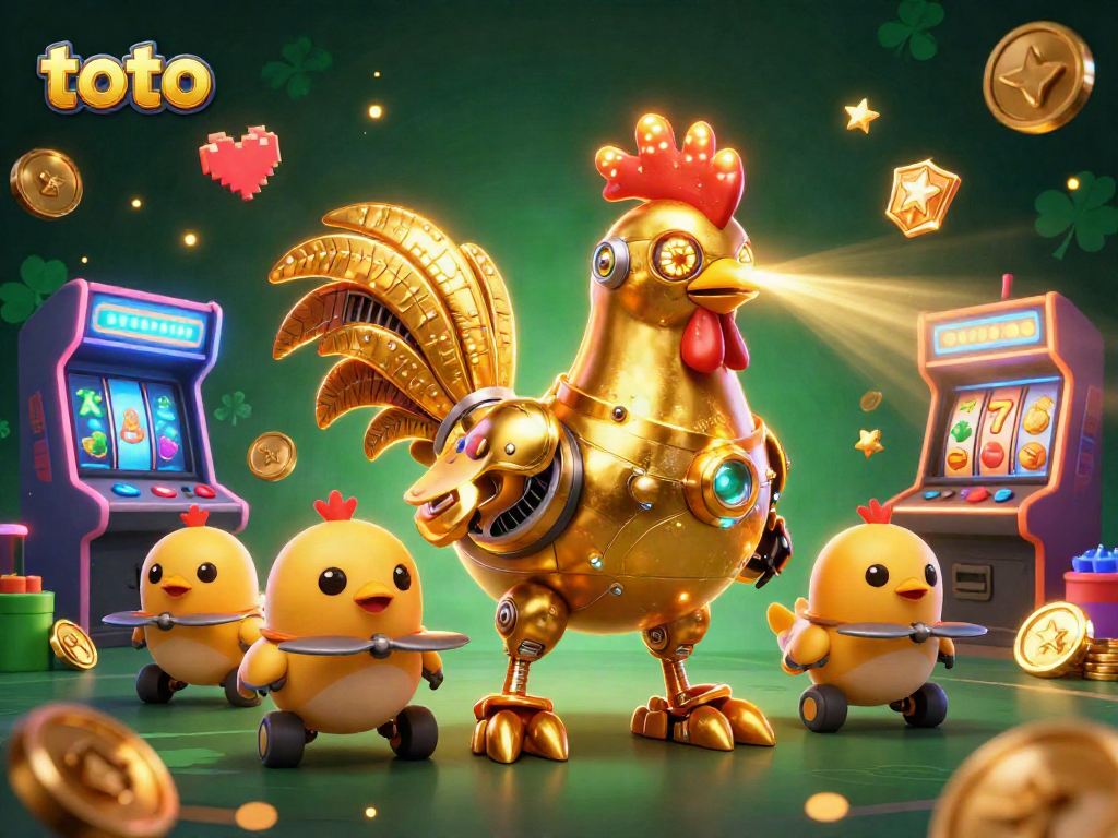Menangkan permainan toto dengan robot ayam berkilau yang memancarkan cahaya dan simbol jackpot.