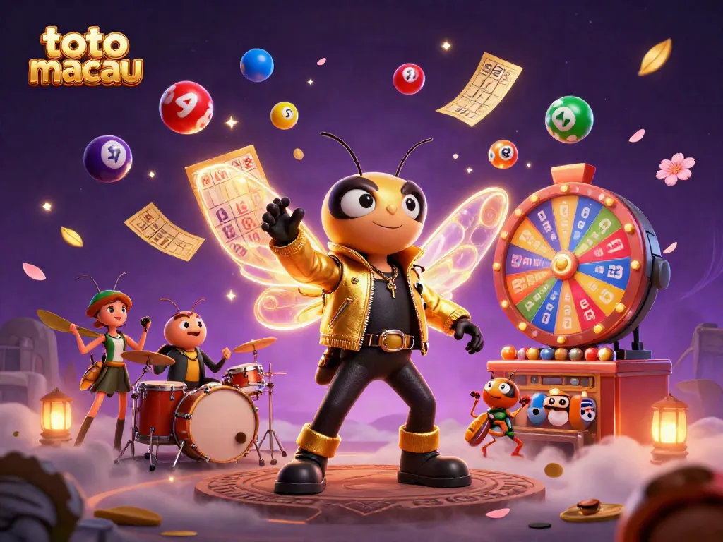 Ikon Toto Macau yang menampilkan cicada rock star dalam ilustrasi 3D dengan suasana lotere yang semarak.