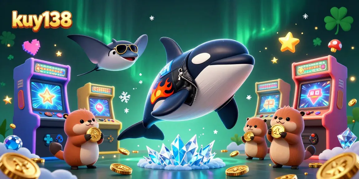 Gambarlah kuy138 dengan orca kartun, stingray, dan berang-berang uang dalam suasana kasino yang meriah.