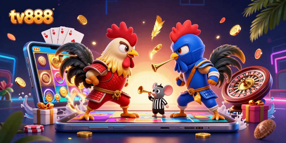 Permainan seru di tv888 saat adu ayam 3D dengan slot game dan koin emas yang berjatuhan.