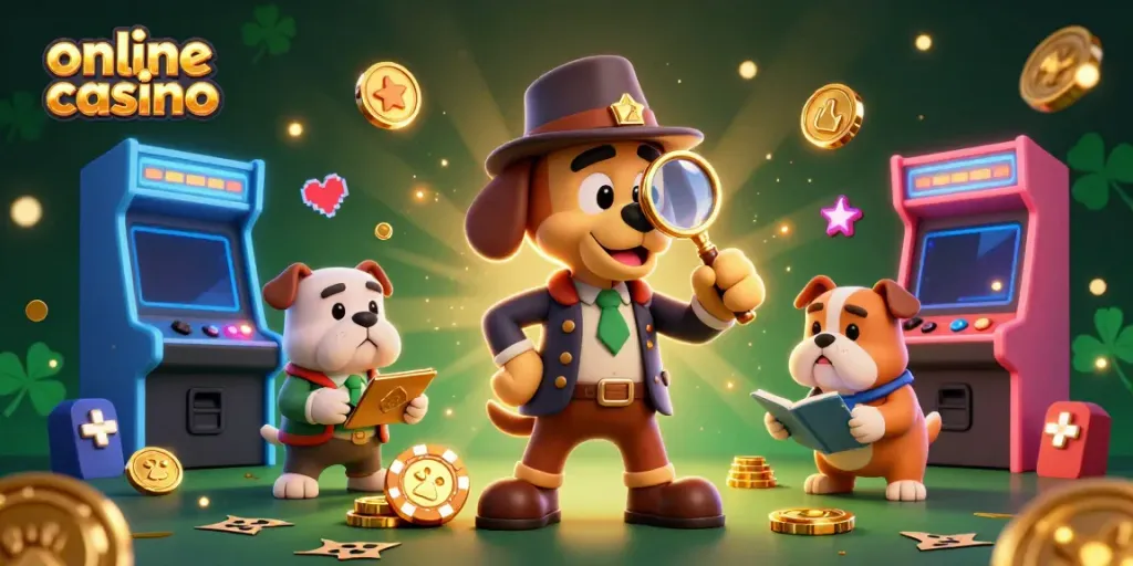 Detective and bulldog explore a vibrant online casino scene filled with gaming elements.