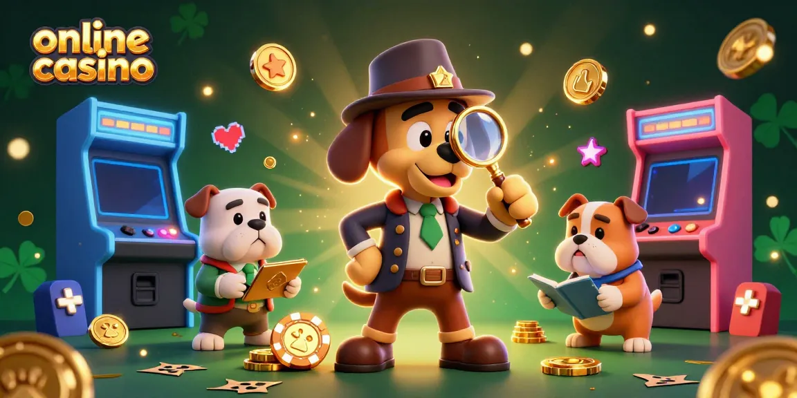 Detective and bulldog explore a vibrant online casino scene filled with gaming elements.