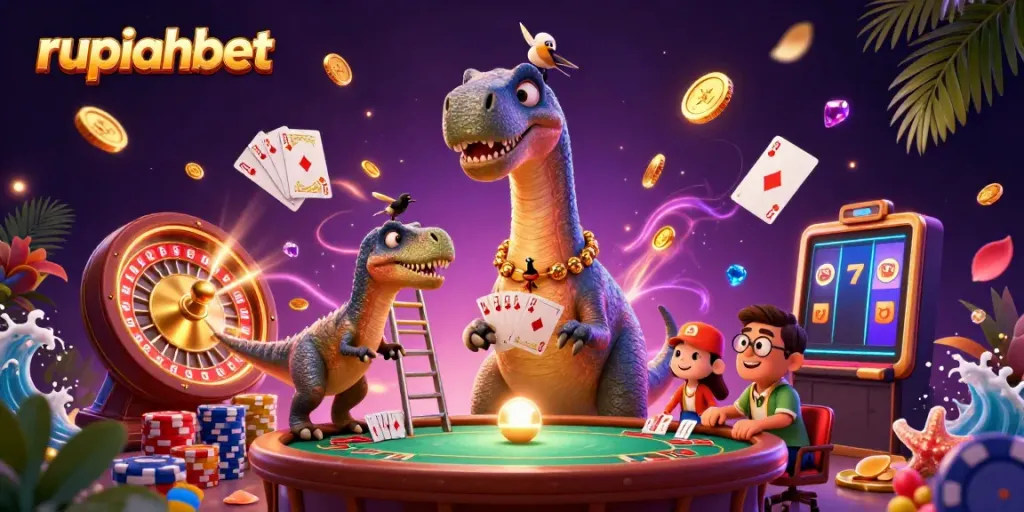 Experience excitement with rupiahbet as a giant brontosaurus oversees a vibrant casino scene filled with sparkling elements.