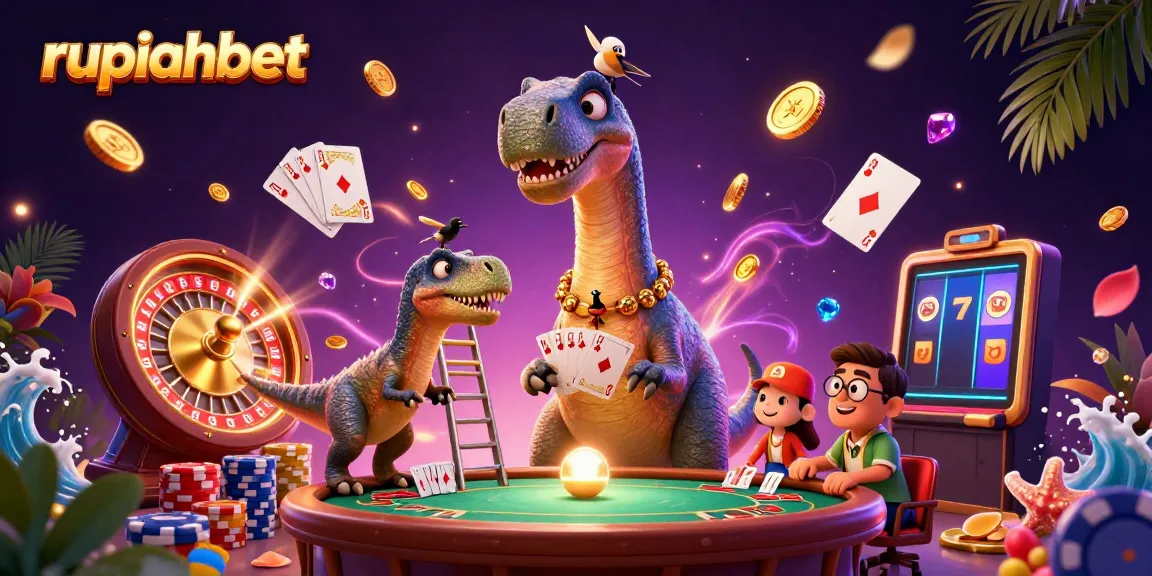 Experience excitement with rupiahbet as a giant brontosaurus oversees a vibrant casino scene filled with sparkling elements.