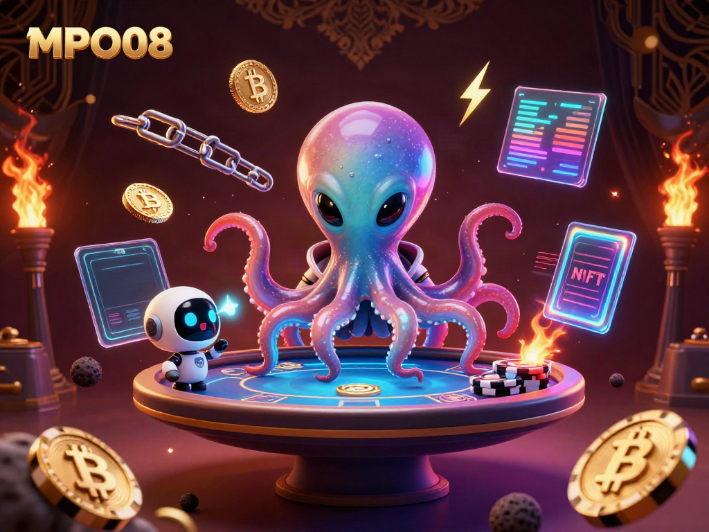 Engage with poker action at MPO08 featuring an alien octopus and exciting cryptocurrency elements.