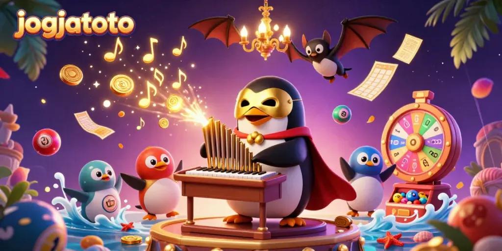 Engage with jogjatoto's thrilling lottery scene featuring a penguin organist amidst dynamic game elements.