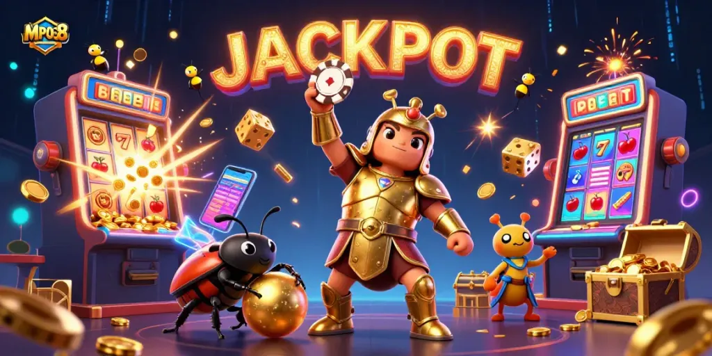 MPO08 showcases a 3D hercules beetle in gladiator armor celebrating victory amid a jackpot explosion.