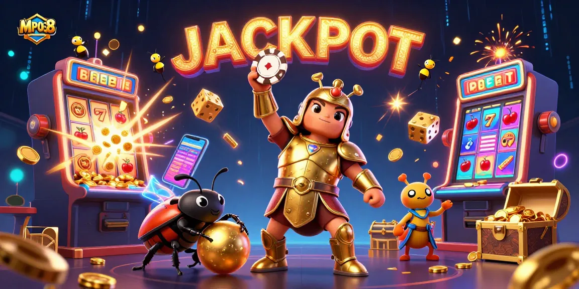 MPO08 showcases a 3D hercules beetle in gladiator armor celebrating victory amid a jackpot explosion.