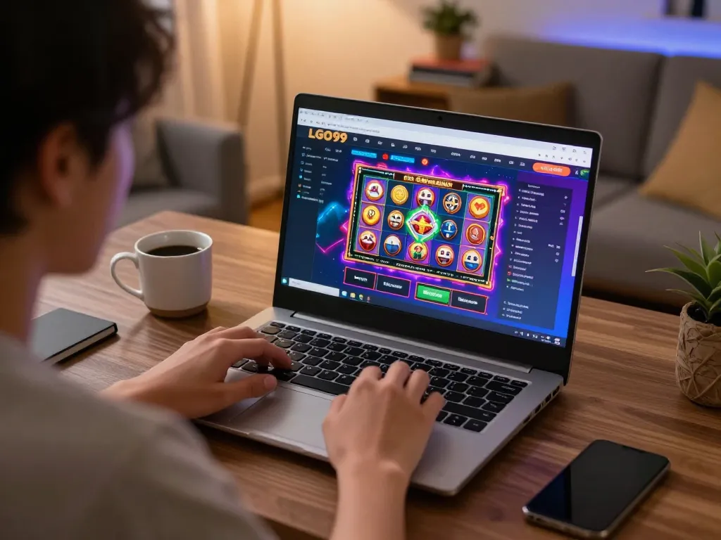 LGO99 Situs Game Online Terpercaya Di INDONESIA gaming interface shown on a laptop in a cozy home setting