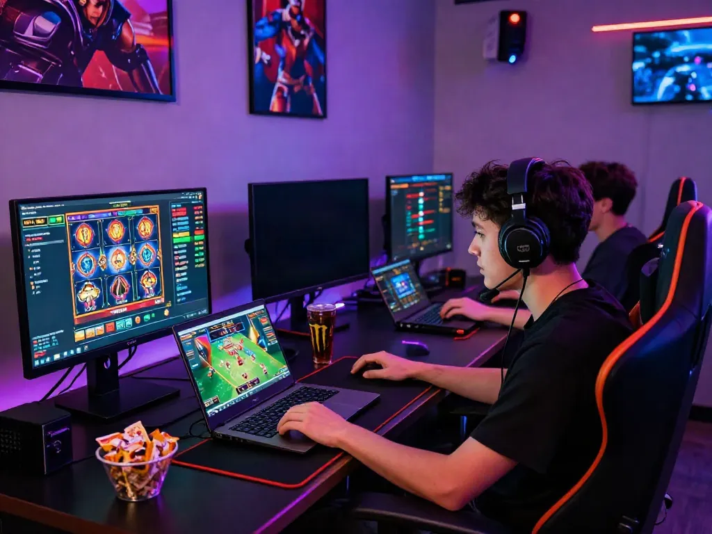 Momen pemain kingliga yang bersemangat bermain slot online di meja gaming modern dengan layar berwarna-warni.