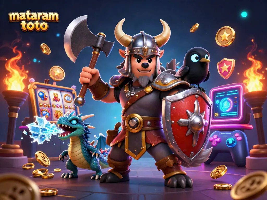 Experience thrilling wins at mataram toto with a Viking wolf warrior, dragon, and casino elements.