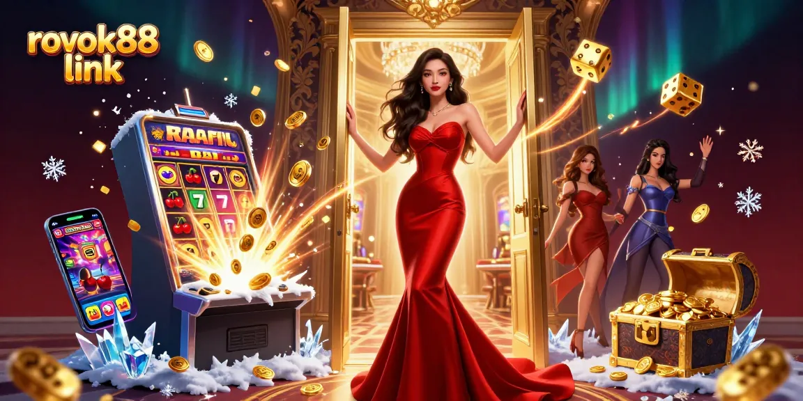 Engage in thrilling gameplay at ROKOK88 link with a stunning casino scene featuring a beautiful Asian woman.