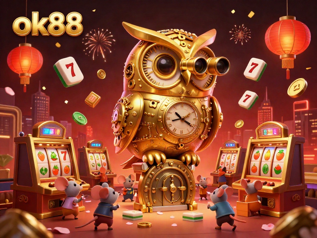 Experience excitement at ok88 casino with vibrant visuals of a golden owl, lively slot machines, and festive decorations.