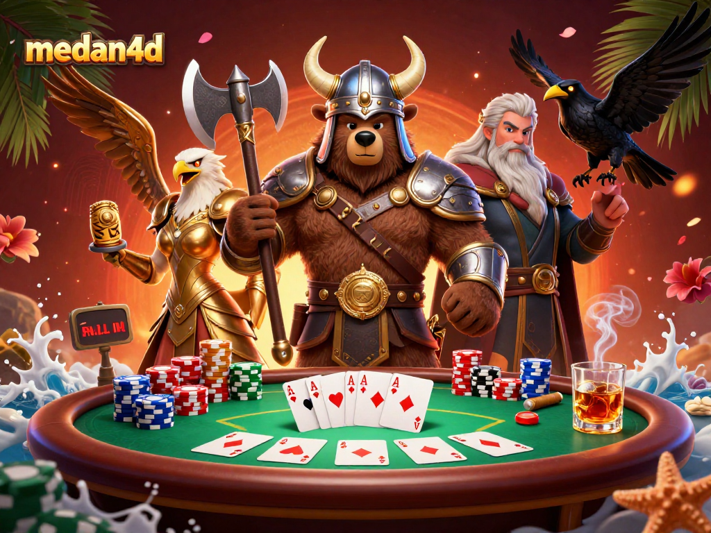 Bermain medan4d dengan pemenang poker dan karakter Viking beraksi di meja penuh chip.